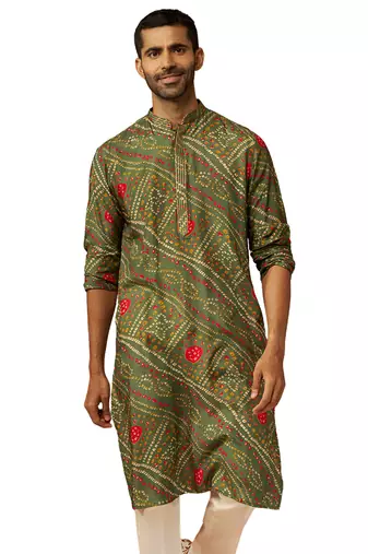 Men green pure muslin bandhani print kurta - traditional digital print festive wear