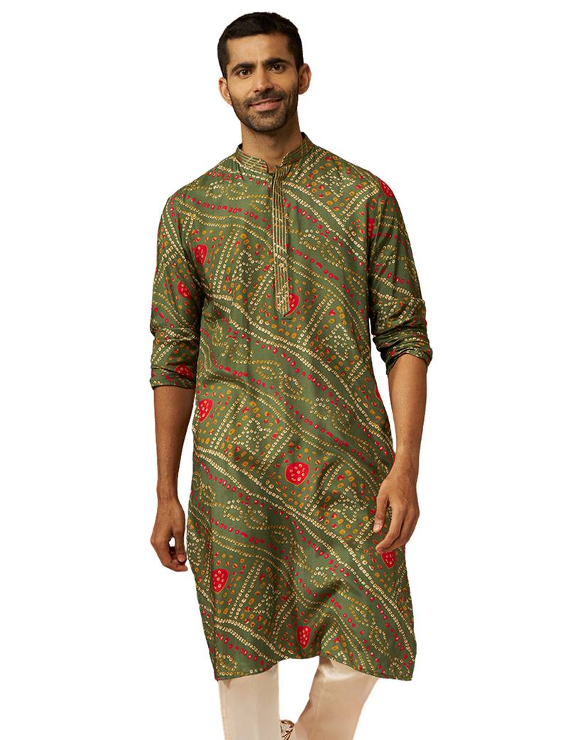 Men green pure muslin bandhani print kurta - traditional digital print festive wear