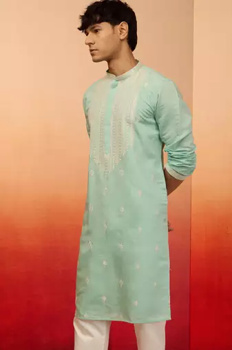 Men's mint green embroidered silk kurta - festive traditional