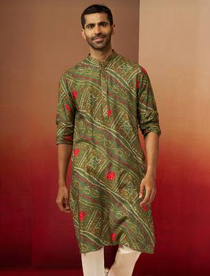 Men green pure muslin bandhani print kurta - traditional digital print festive wear 2
