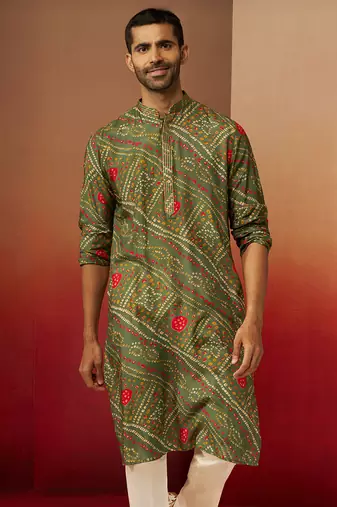 Men green pure muslin bandhani print kurta - traditional digital print festive wear