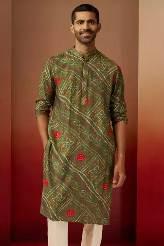 Men green pure muslin bandhani print kurta - traditional digital print festive wear