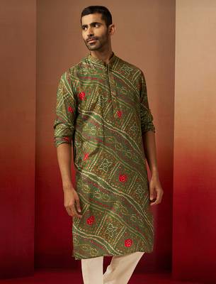 Men green pure muslin bandhani print kurta - traditional digital print festive wear 5