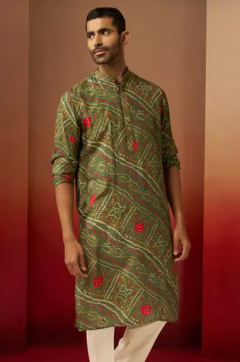 Men green pure muslin bandhani print kurta - traditional digital print festive wear