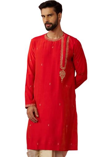 Men red hand embroidered kurta - premium festive wear with zari sequin detail