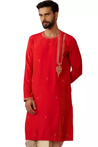 Men red hand embroidered kurta - premium festive wear with zari sequin detail