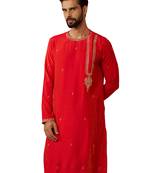 Men red hand embroidered kurta - premium festive wear with zari sequin detail
