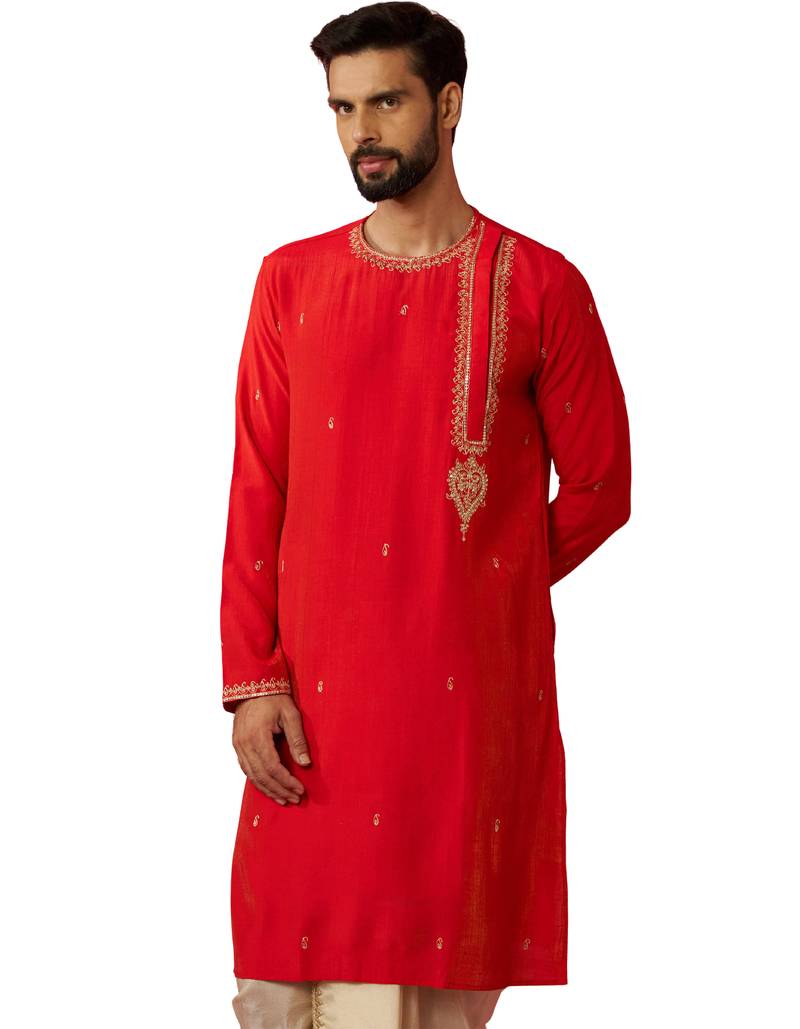 Men red hand embroidered kurta - premium festive wear with zari sequin detail