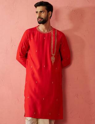 Men red hand embroidered kurta - premium festive wear with zari sequin detail 2