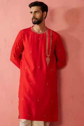 Men red hand embroidered kurta - premium festive wear with zari sequin detail