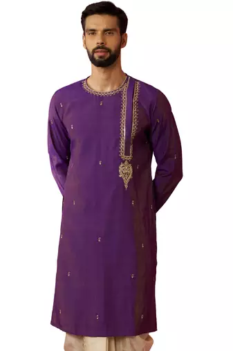 Men purple hand embroidered kurta - premium festive wear with zari sequin work