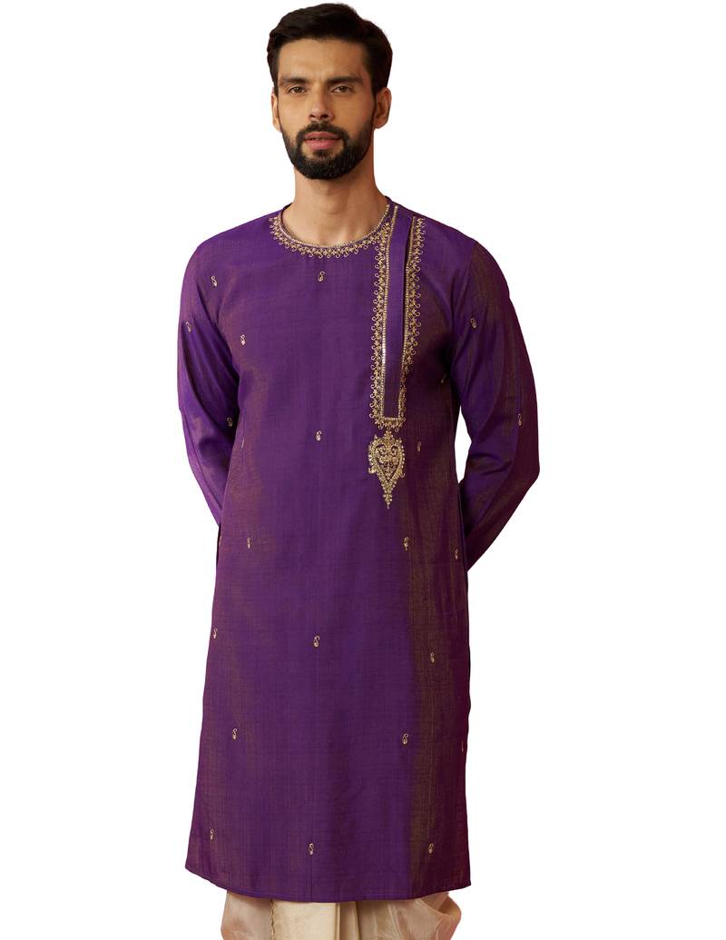 Men purple hand embroidered kurta - premium festive wear with zari sequin work