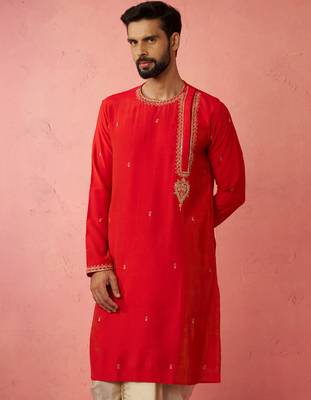 Men red hand embroidered kurta - premium festive wear with zari sequin detail 4