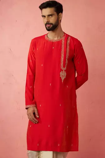 Men red hand embroidered kurta - premium festive wear with zari sequin detail
