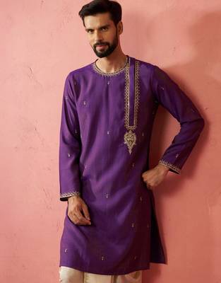 Men purple hand embroidered kurta - premium festive wear with zari sequin work 2