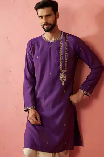 Men purple hand embroidered kurta - premium festive wear with zari sequin work