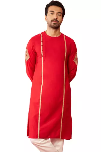 Mens red zardozi embroidered viscose kurta - navratri festive wear