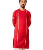 Mens red zardozi embroidered viscose kurta - navratri festive wear