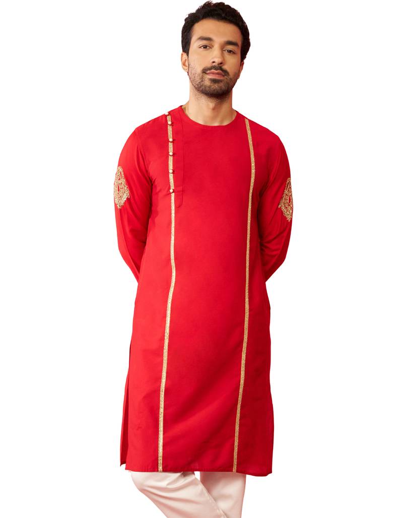 Mens red zardozi embroidered viscose kurta - navratri festive wear