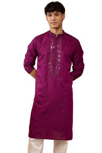 Men's Pink embroidered silk kurta - festive traditional wear