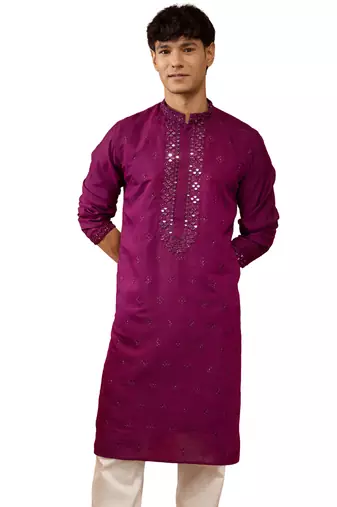 Men's Pink embroidered silk kurta - festive traditional wear