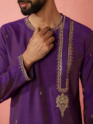 Men purple hand embroidered kurta - premium festive wear with zari sequin work 3