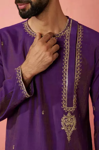 Men purple hand embroidered kurta - premium festive wear with zari sequin work