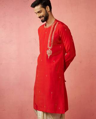Men red hand embroidered kurta - premium festive wear with zari sequin detail 5