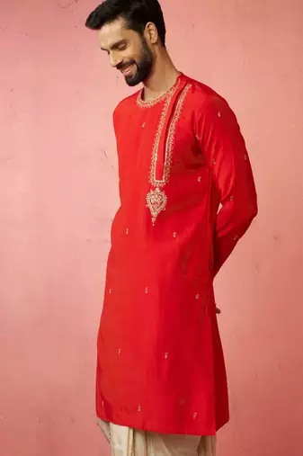 Men red hand embroidered kurta - premium festive wear with zari sequin detail
