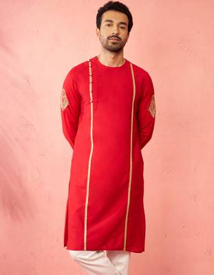 Mens red zardozi embroidered viscose kurta - navratri festive wear 2
