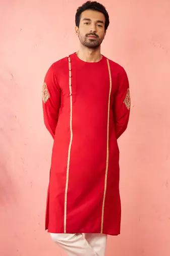 Mens red zardozi embroidered viscose kurta - navratri festive wear