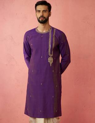 Men purple hand embroidered kurta - premium festive wear with zari sequin work 4