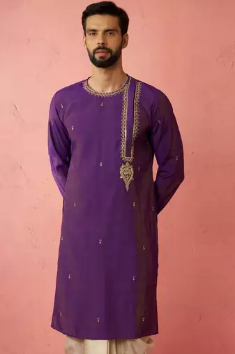 Men purple hand embroidered kurta - premium festive wear with zari sequin work