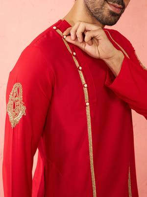 Mens red zardozi embroidered viscose kurta - navratri festive wear 3