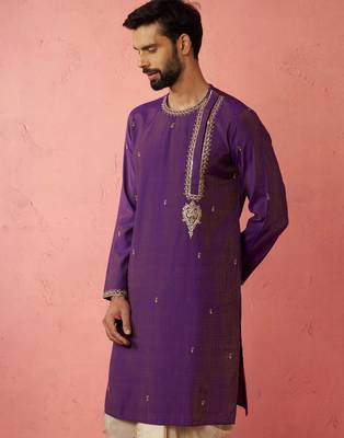 Men purple hand embroidered kurta - premium festive wear with zari sequin work 5