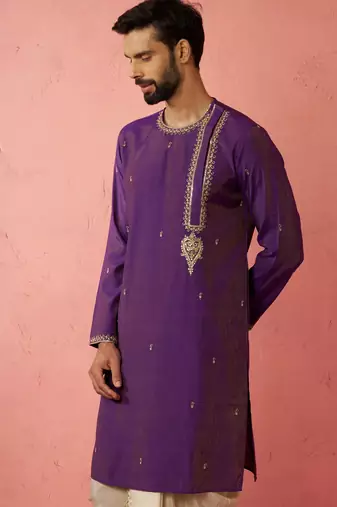Men purple hand embroidered kurta - premium festive wear with zari sequin work