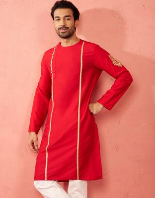 Mens red zardozi embroidered viscose kurta - navratri festive wear 4