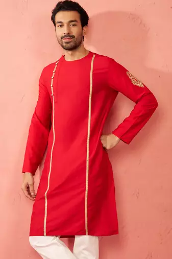 Mens red zardozi embroidered viscose kurta - navratri festive wear