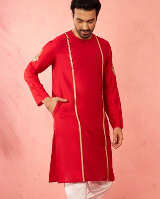 Mens red zardozi embroidered viscose kurta - navratri festive wear 5
