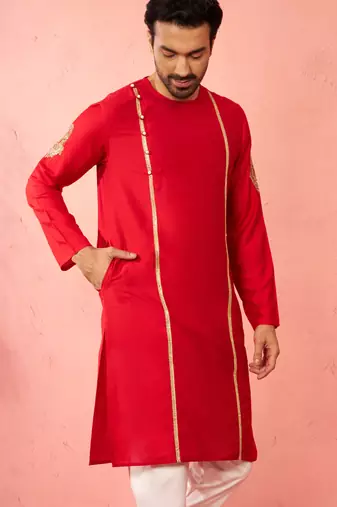Mens red zardozi embroidered viscose kurta - navratri festive wear