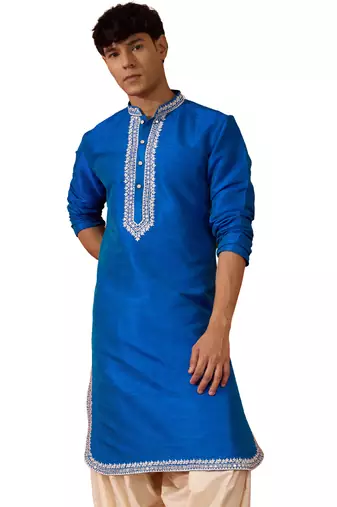 Men's royal blue hand embroidered silk kurta - premium festive