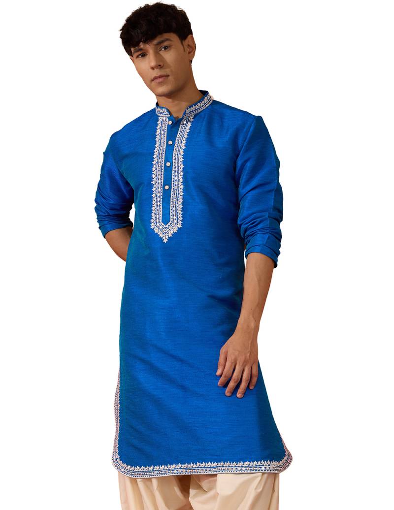 Men's royal blue hand embroidered silk kurta - premium festive
