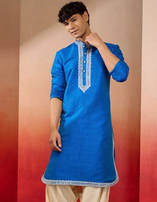 Men's royal blue hand embroidered silk kurta - premium festive 2