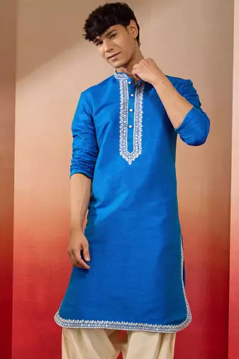 Men's royal blue hand embroidered silk kurta - premium festive