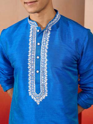Men's royal blue hand embroidered silk kurta - premium festive 3