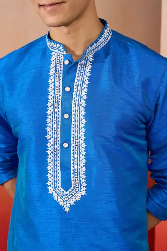 Men's royal blue hand embroidered silk kurta - premium festive