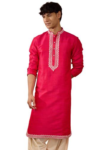 Men's pink hand embroidered silk kurta - premium festive wear