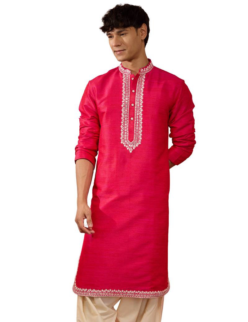 Men's pink hand embroidered silk kurta - premium festive wear