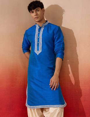 Men's royal blue hand embroidered silk kurta - premium festive 4