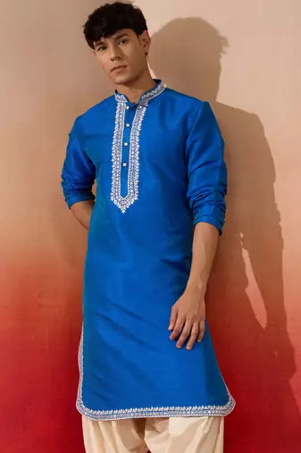 Men's royal blue hand embroidered silk kurta - premium festive